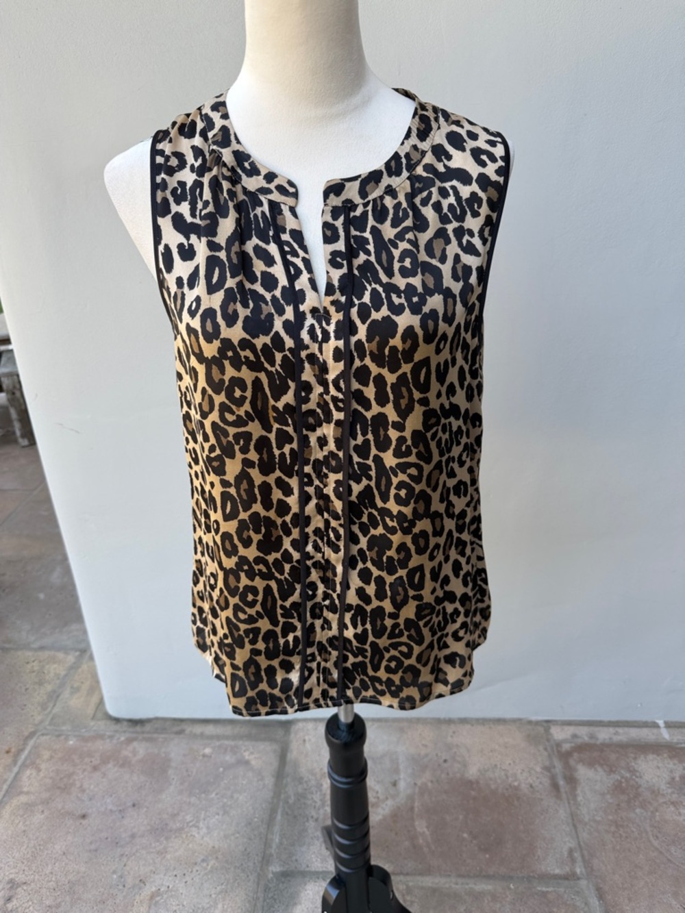 TAHARI Animal Leopard Print Sleeveless Shirt Blouse Top Black Brown Size Small S